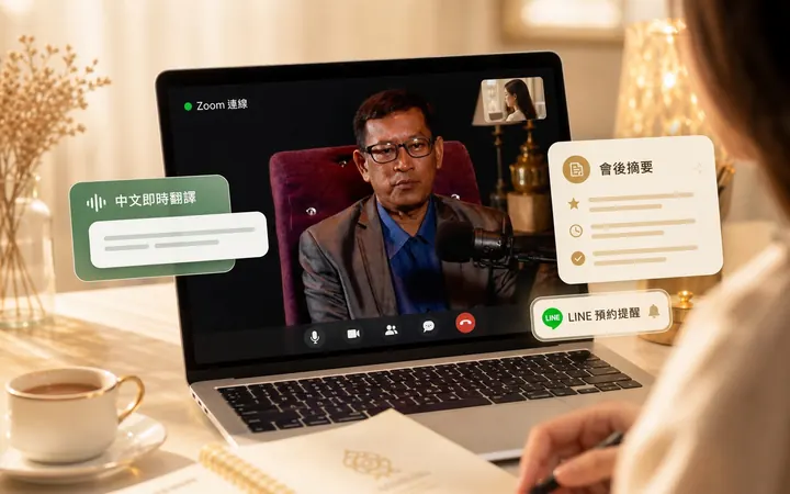 泰國老師透過 Zoom 與中文翻譯進行線上算命